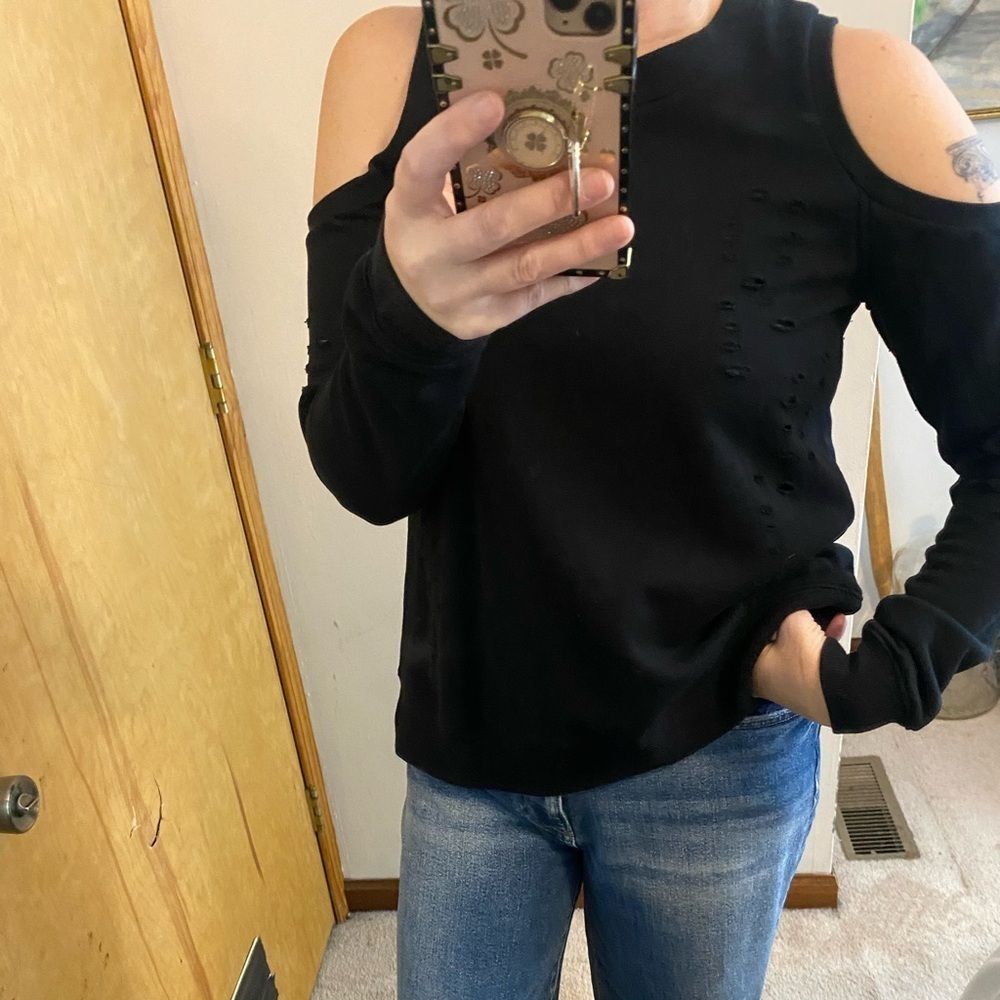Jamison Cold Shoulder Zip Back Hole Distressed Sweatshirt